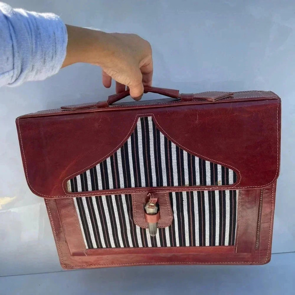 Leather Professional Mens Briefcase Case Document Bag Handbag Brown 16x12 - Picture 1 of 14